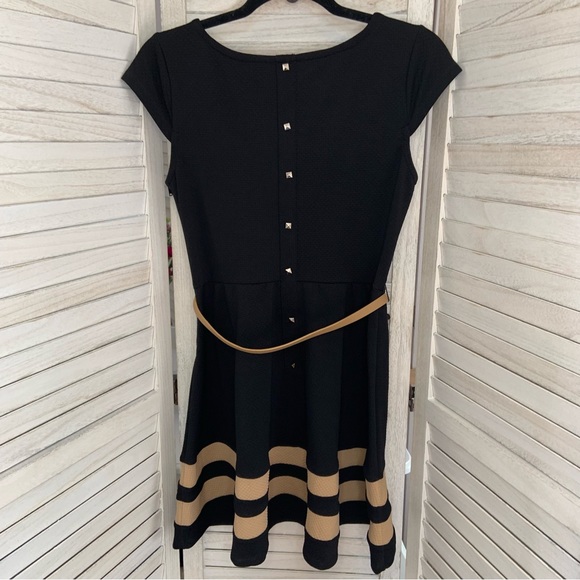 Sequin Hearts A Line Fit and Flare Belted Mini Dress Black and Tan Stripe 9 - Picture 3 of 11